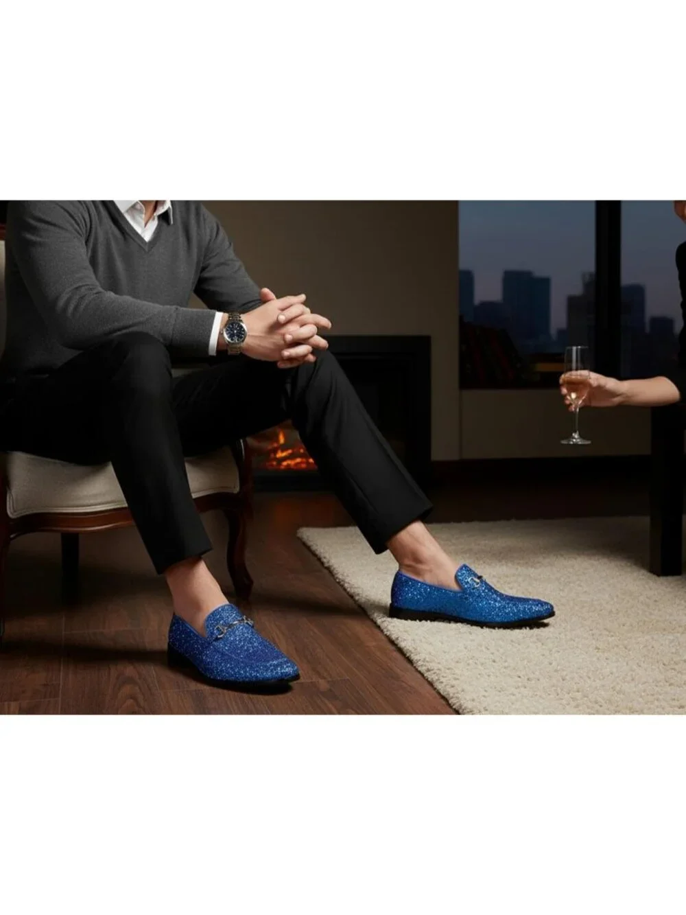 Metrocharm Men's Blue Glitter Rubber Velvet Loafers Gold Buckle Slip On Shoes